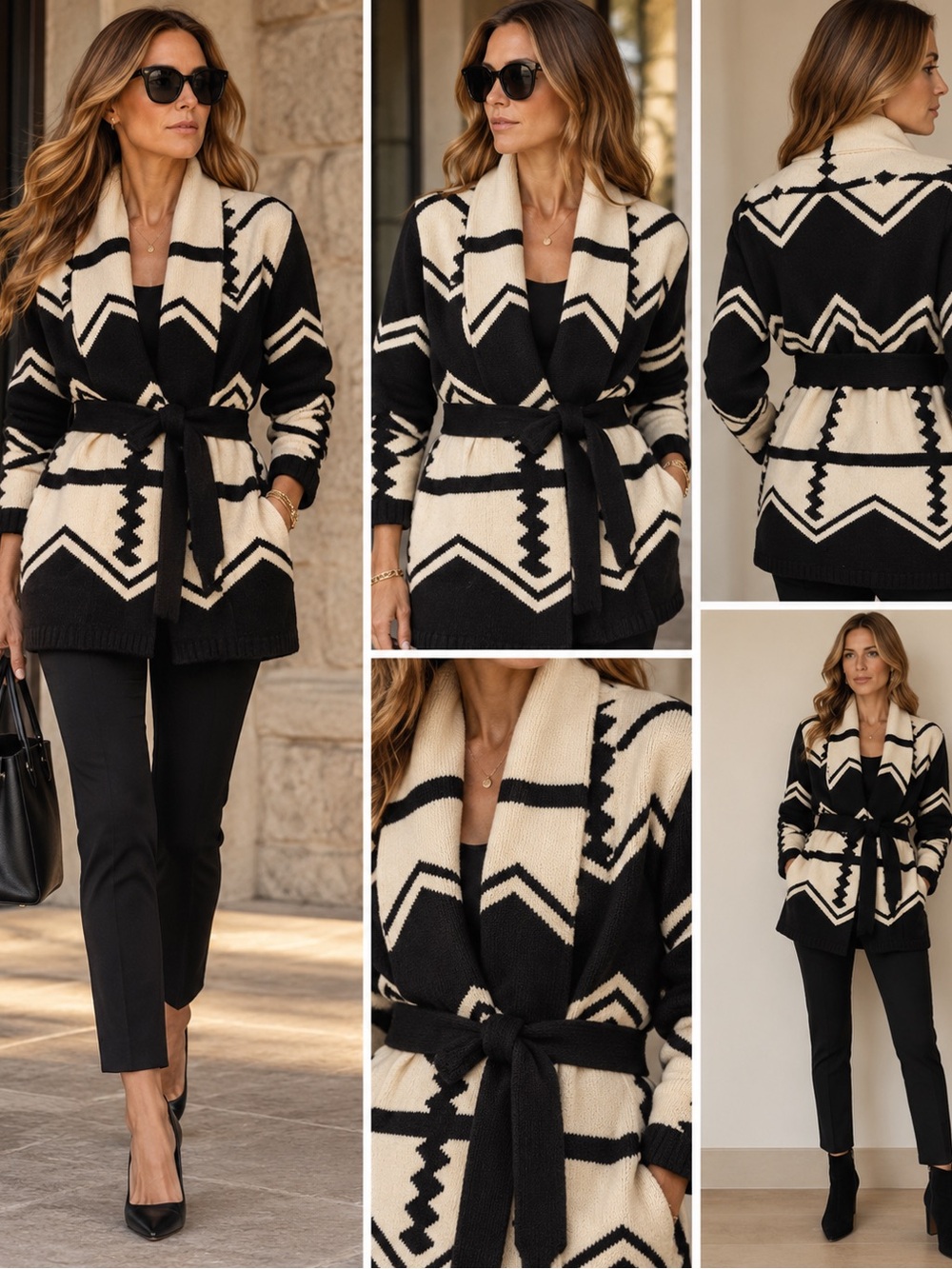 Ralph Lauren Black and Cream Geometric Shawl-Collar Cardigan Coatigan
